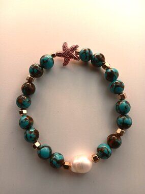 Turquoise Pearl and Star Beach Bracelet Stretch Style